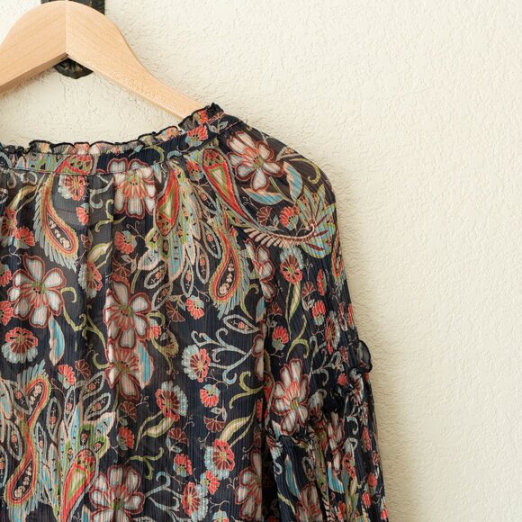 Sundance Silk Peasant Blouse Womens Small Floral Tassel Tie Sheer Boho Top - Picture 11 of 13